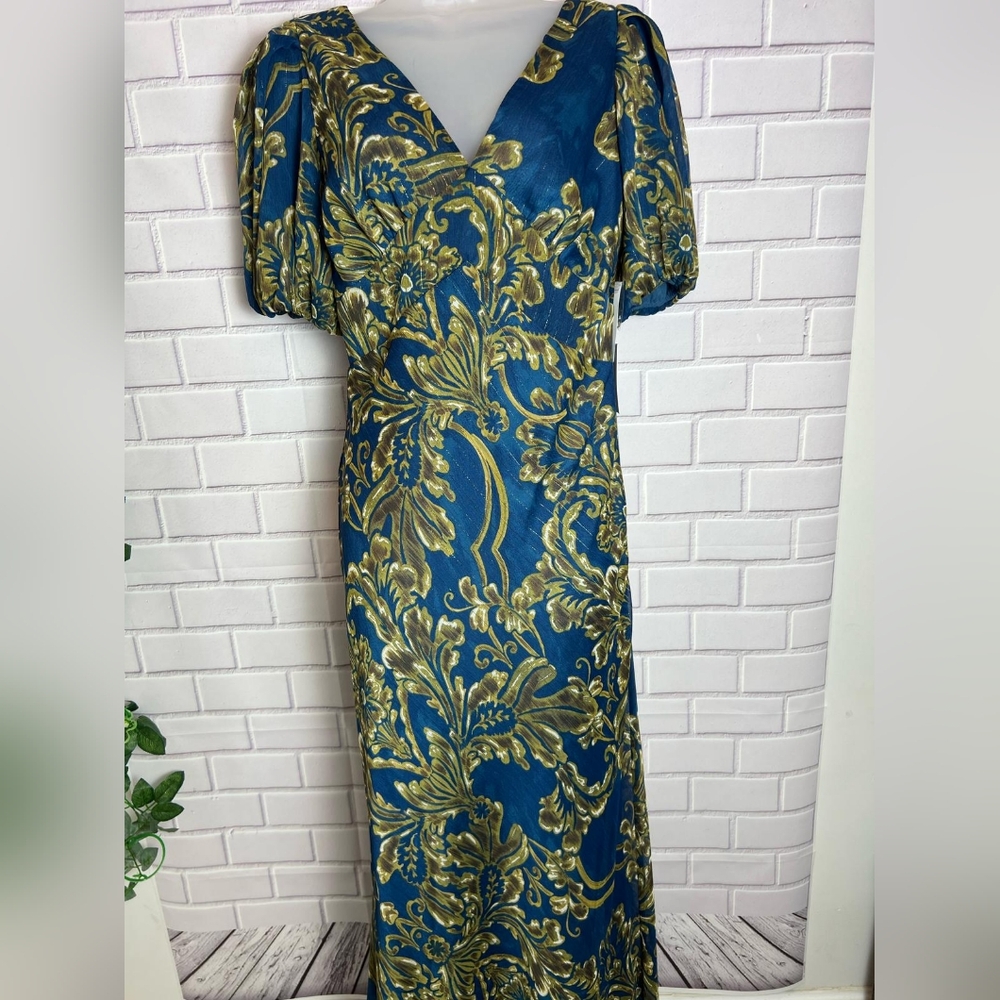 1. State Green and Blue Puff Sleeve Sheath Dress